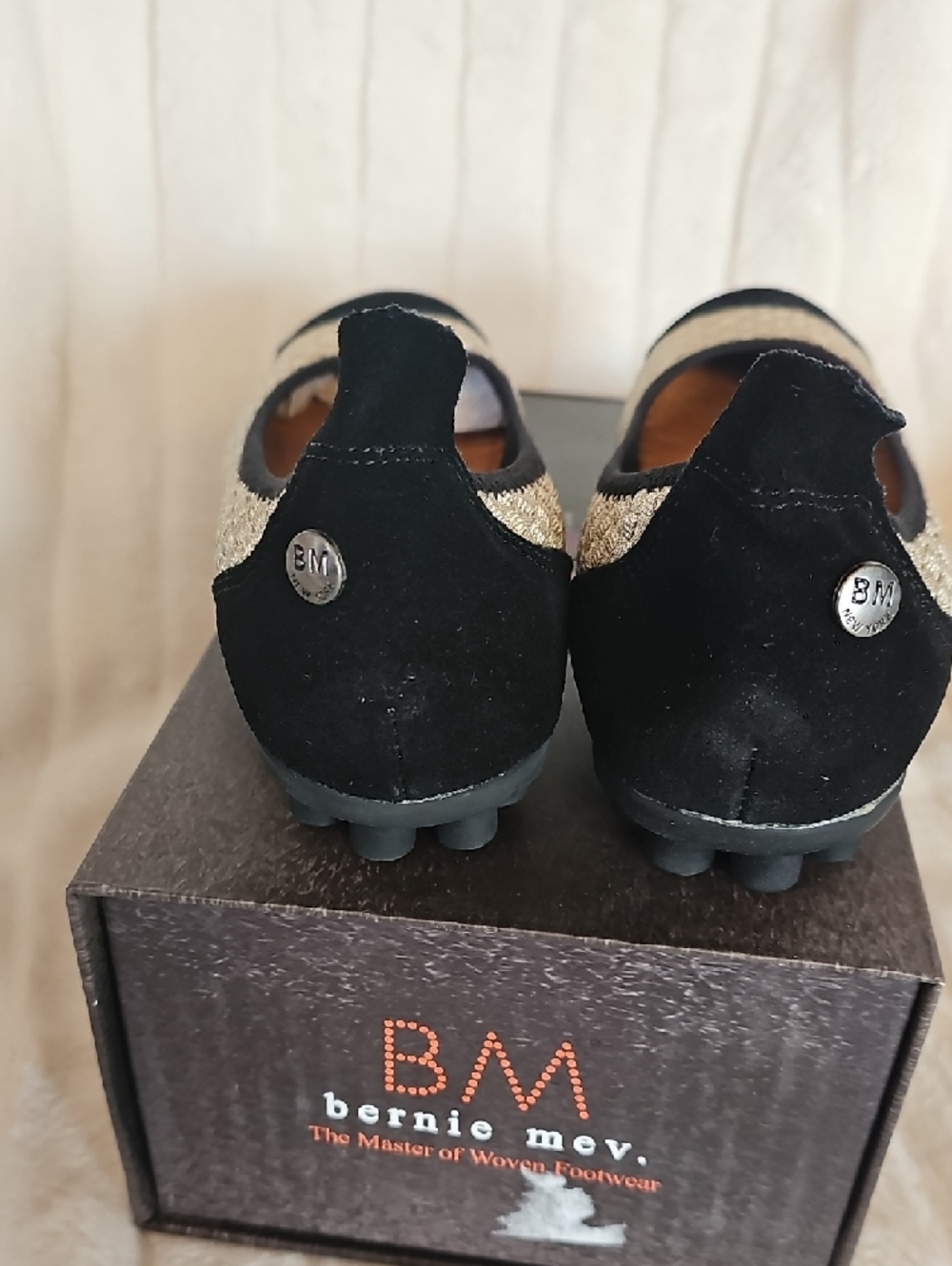 bernie mev. Gold Woven Ballet Flats with Black Trim - Picture 6 of 10